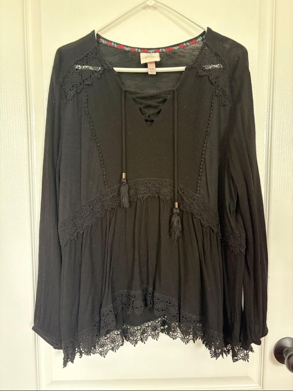Knox Rose Black Lace-Trim Peasant Tunic